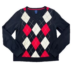 IZOD Women’s Argyle Sweater Large Black Red White Cotton V-Neck Pullover